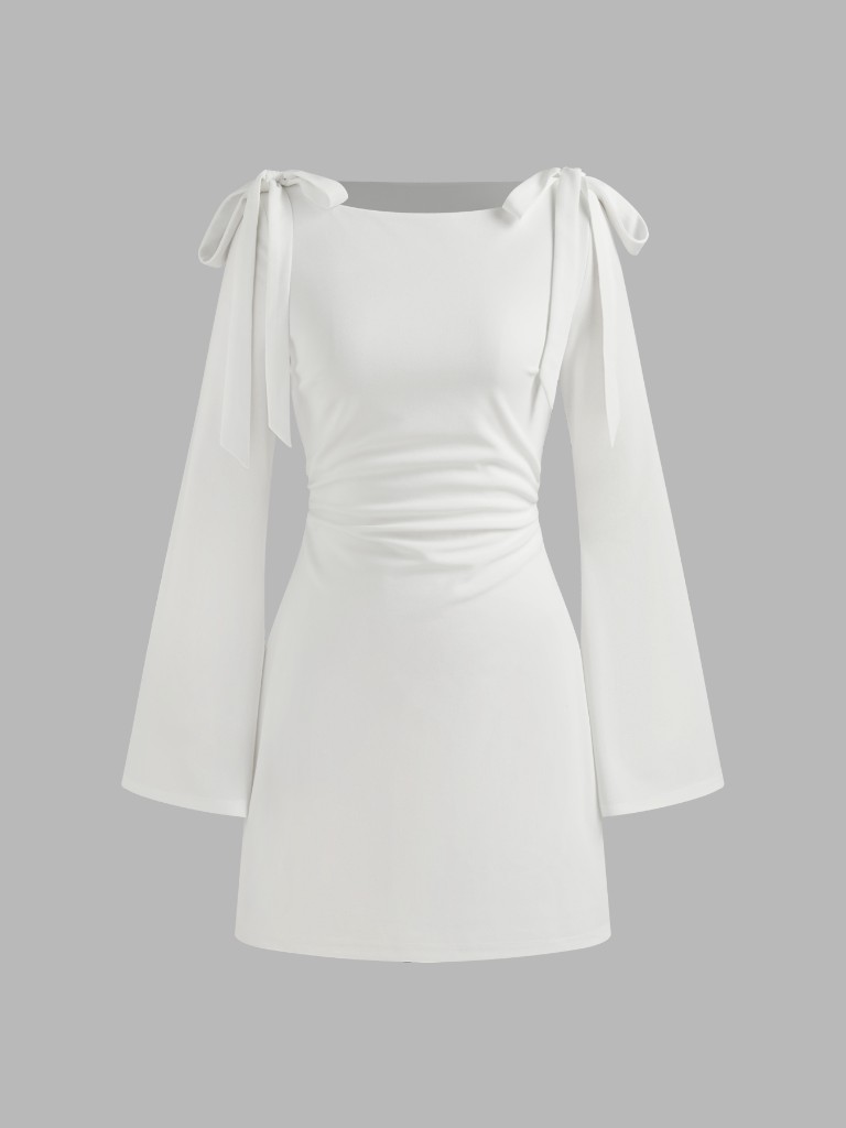 Party Dress For Party New Years Holiday Dress Woven Boat Neckline Solid Ruched Bowknot Mini Dress For School Date